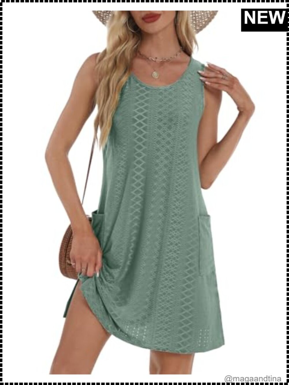 Sleeveless Sundress with Pockets Knee Length Swing Hem Casual Summer Dress